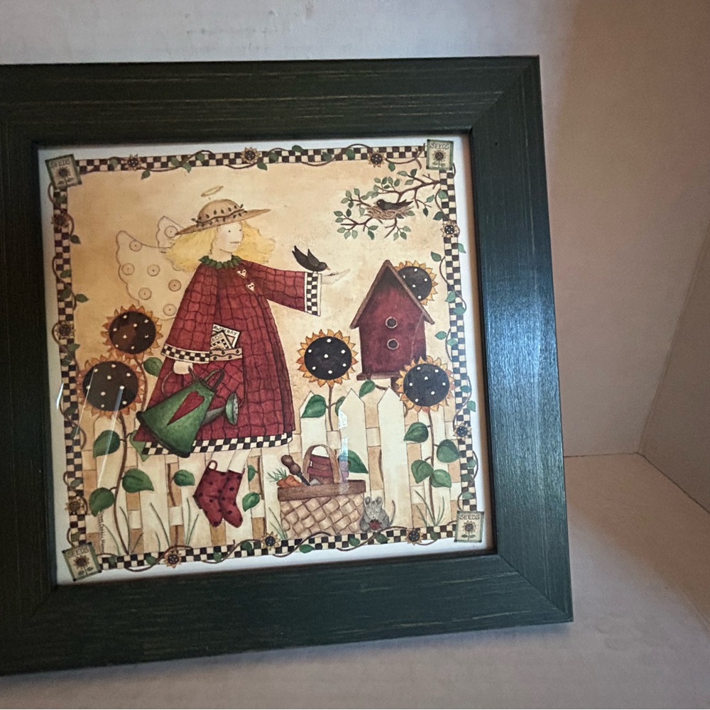 Debbie Mumm Whimsical Garden Scene Wall Art with Green Wood Frame